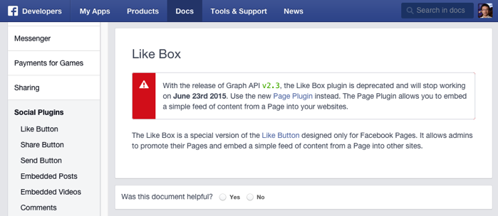 2015年6月23日でFacebook Like Boxは終了