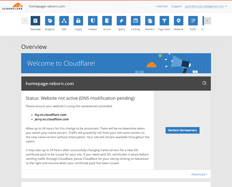 CloudflareのWebサイト登録完了画面